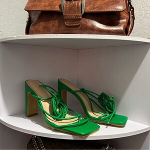 Green Strappy Square-Toe Heels
